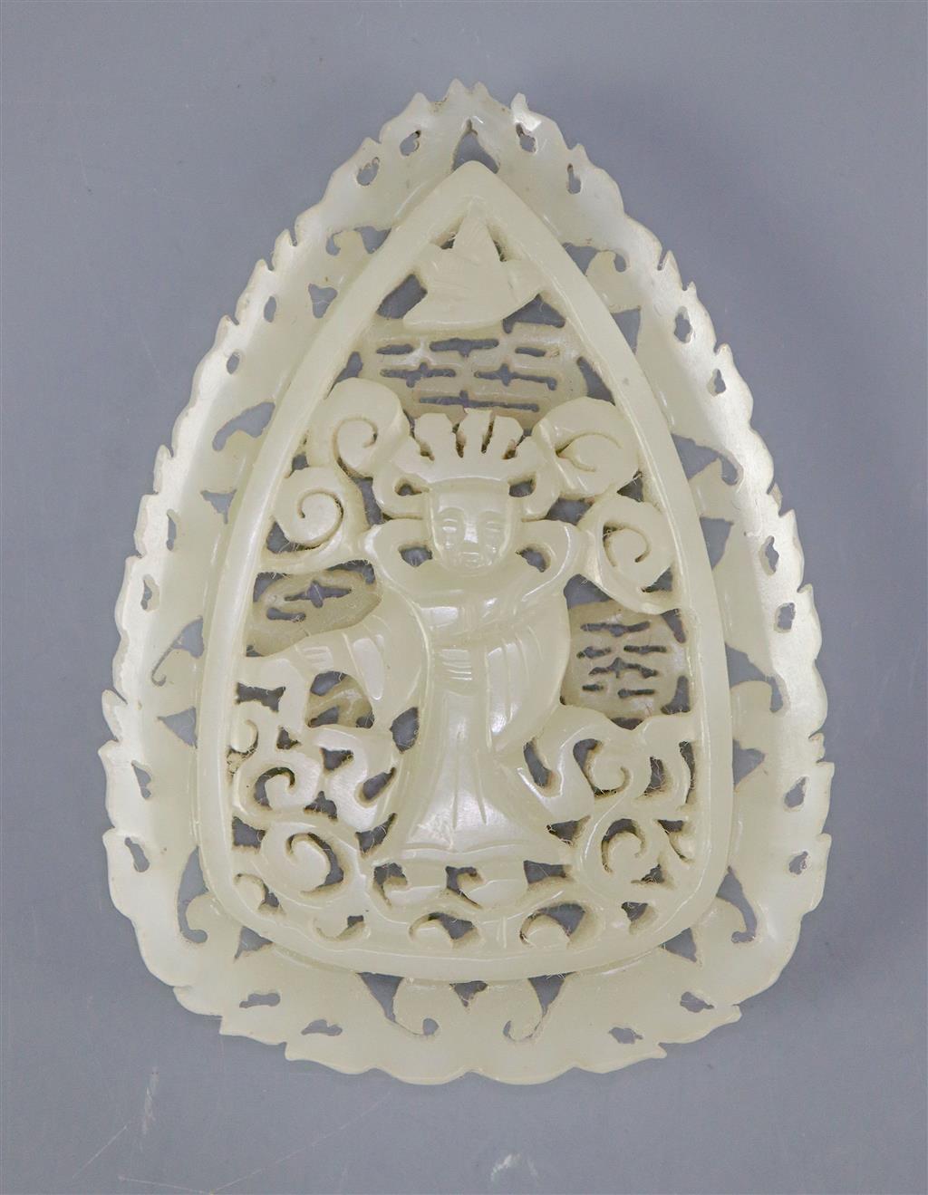 A Chinese pale celadon jade plaque, in Tang dynasty style, 6cm